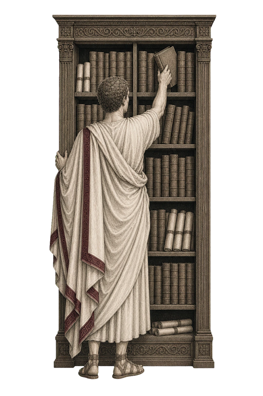 An illustrated Roman nomenclator finding information in a library