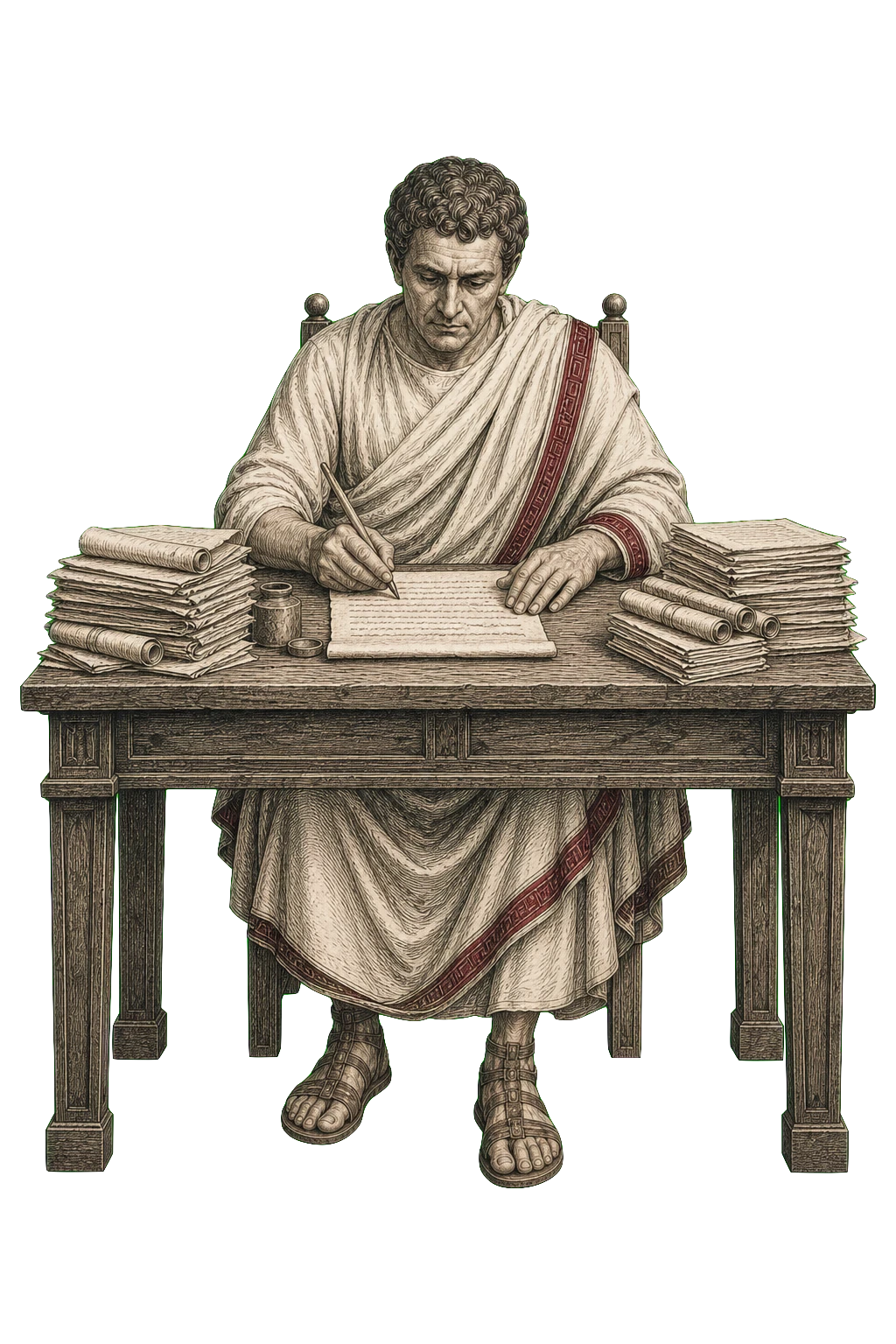 An illustrated Roman nomenclator preparing a thoughtful message at a desk