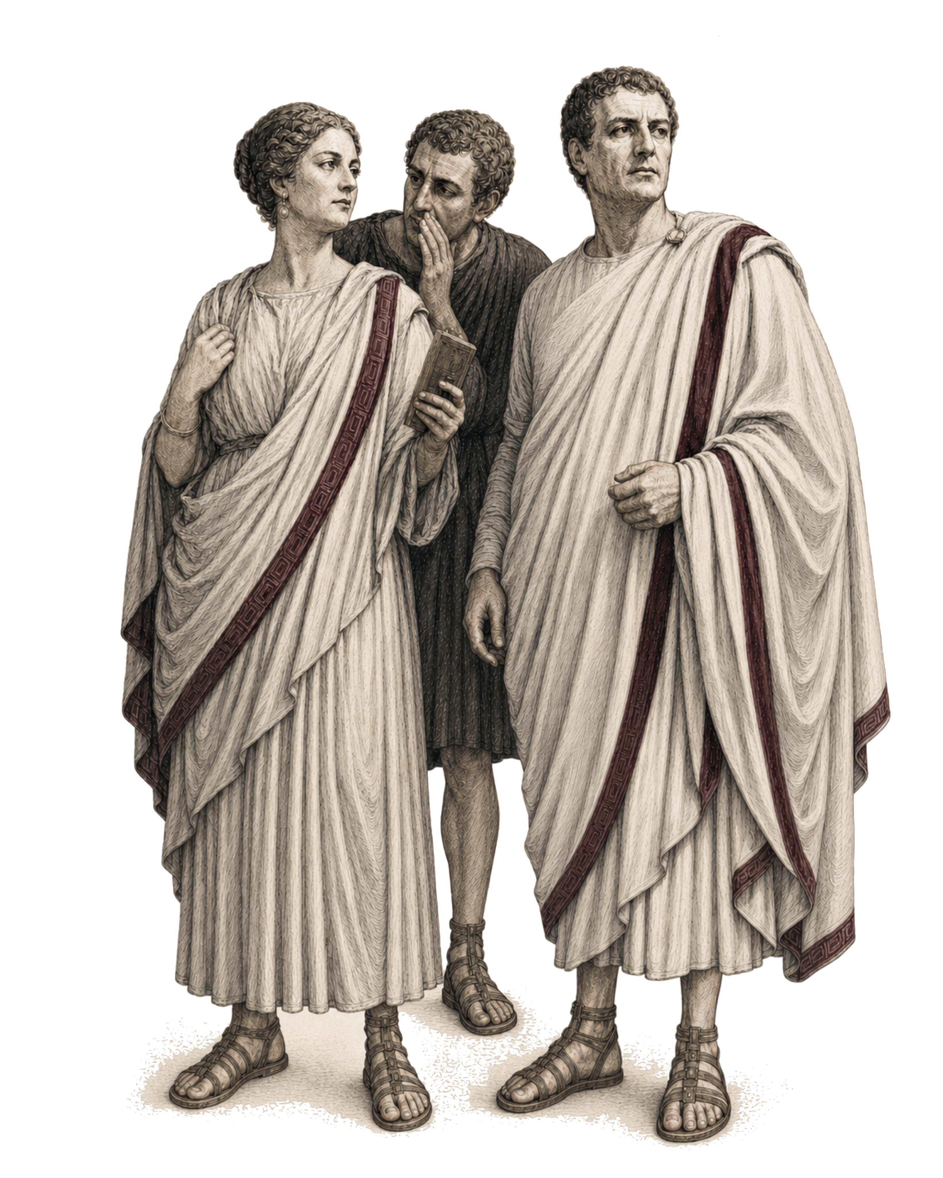 Three Roman figures in white robes, with one whispering to another