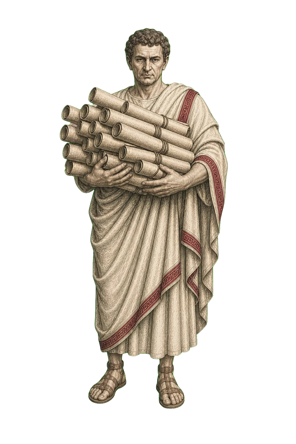 An illustrated Roman nomenclator carrying a collection of scrolls